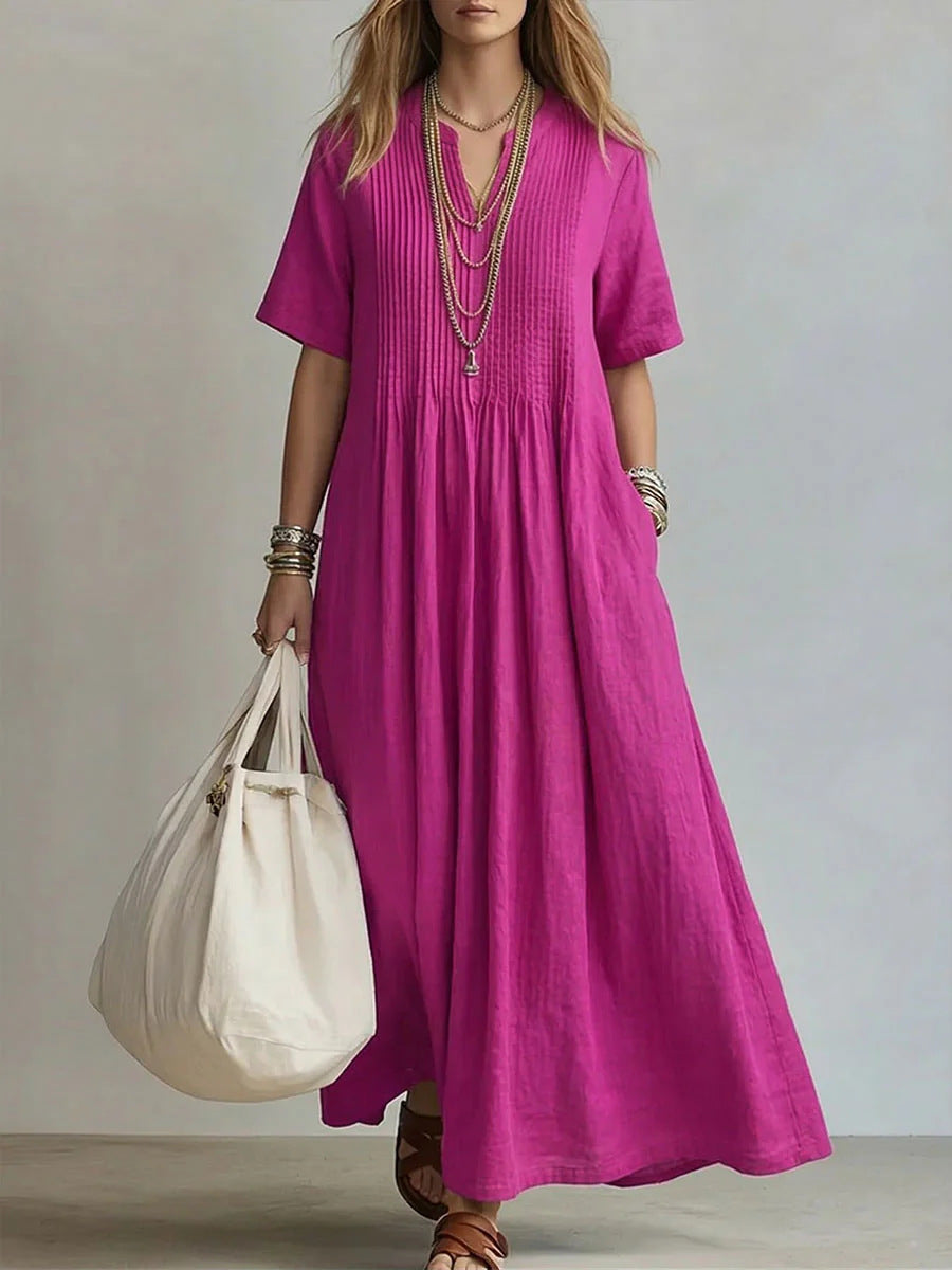 Women's Relaxed V-Neck Cotton Linen Dress
