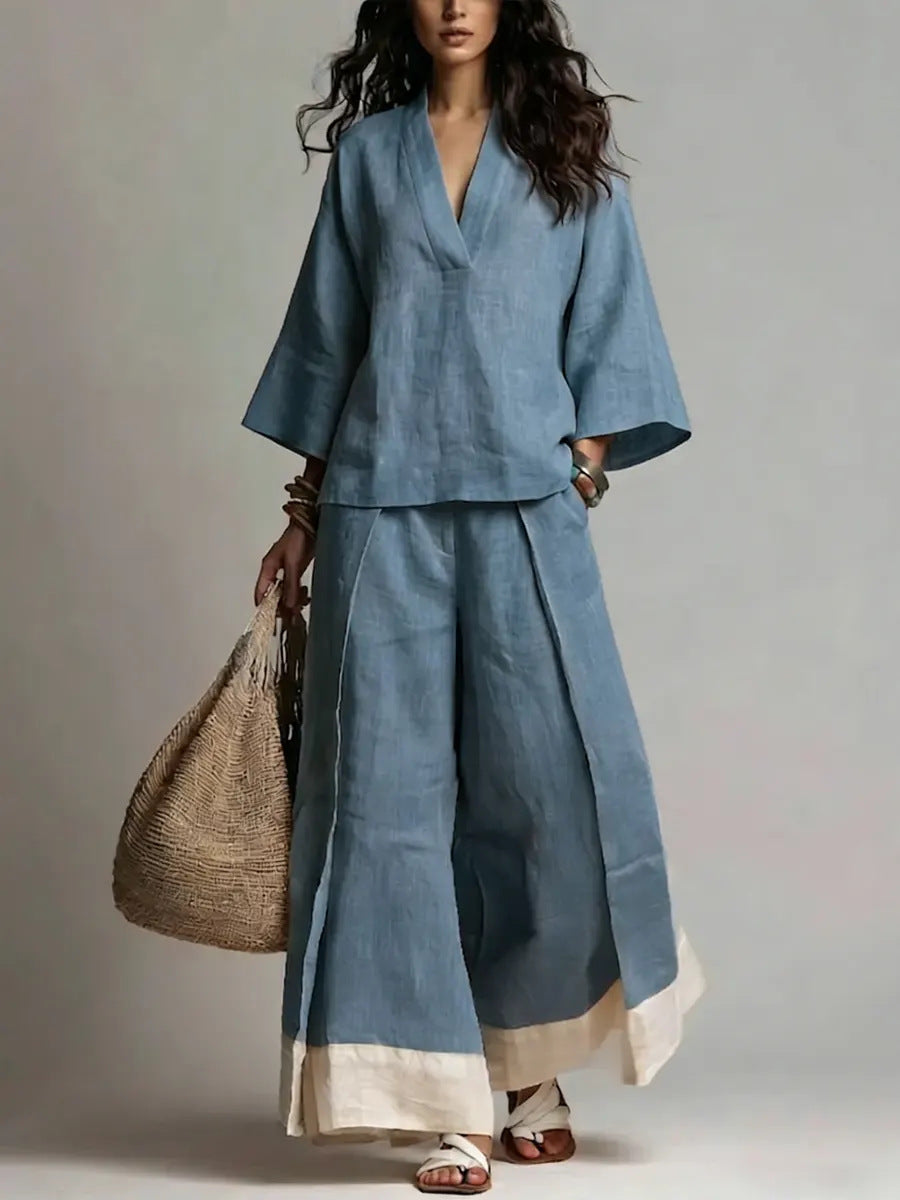 French V-Neck Design Cotton Linen Shirt and Wide-Leg Pants Set