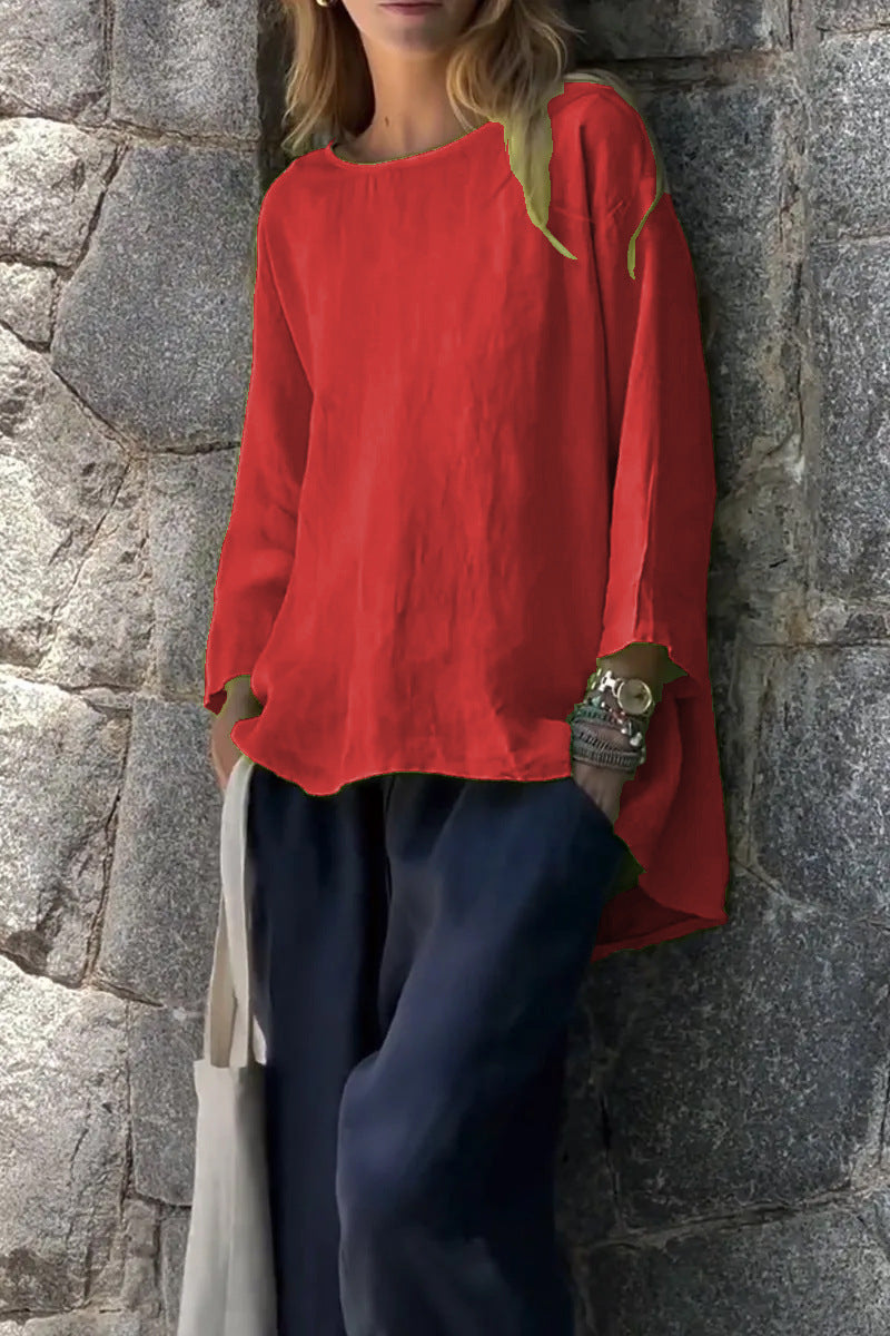 Stylish Nine-Quarter Sleeve Cotton and Linen Loose Shirt Top