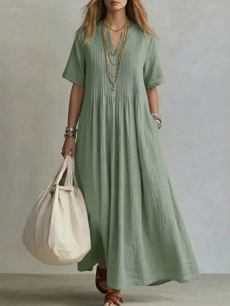 Women's Relaxed V-Neck Cotton Linen Dress