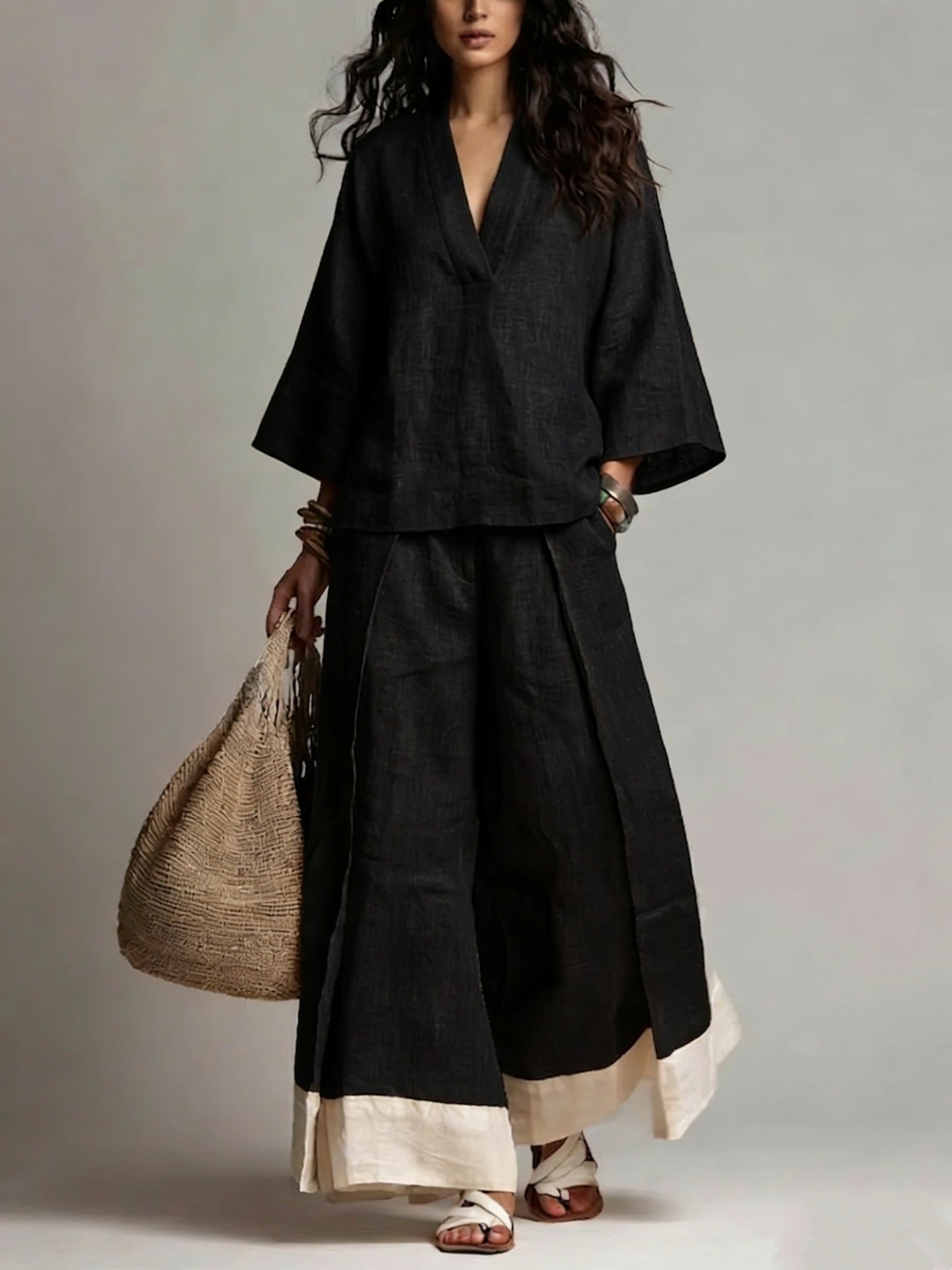 French V-Neck Design Cotton Linen Shirt and Wide-Leg Pants Set