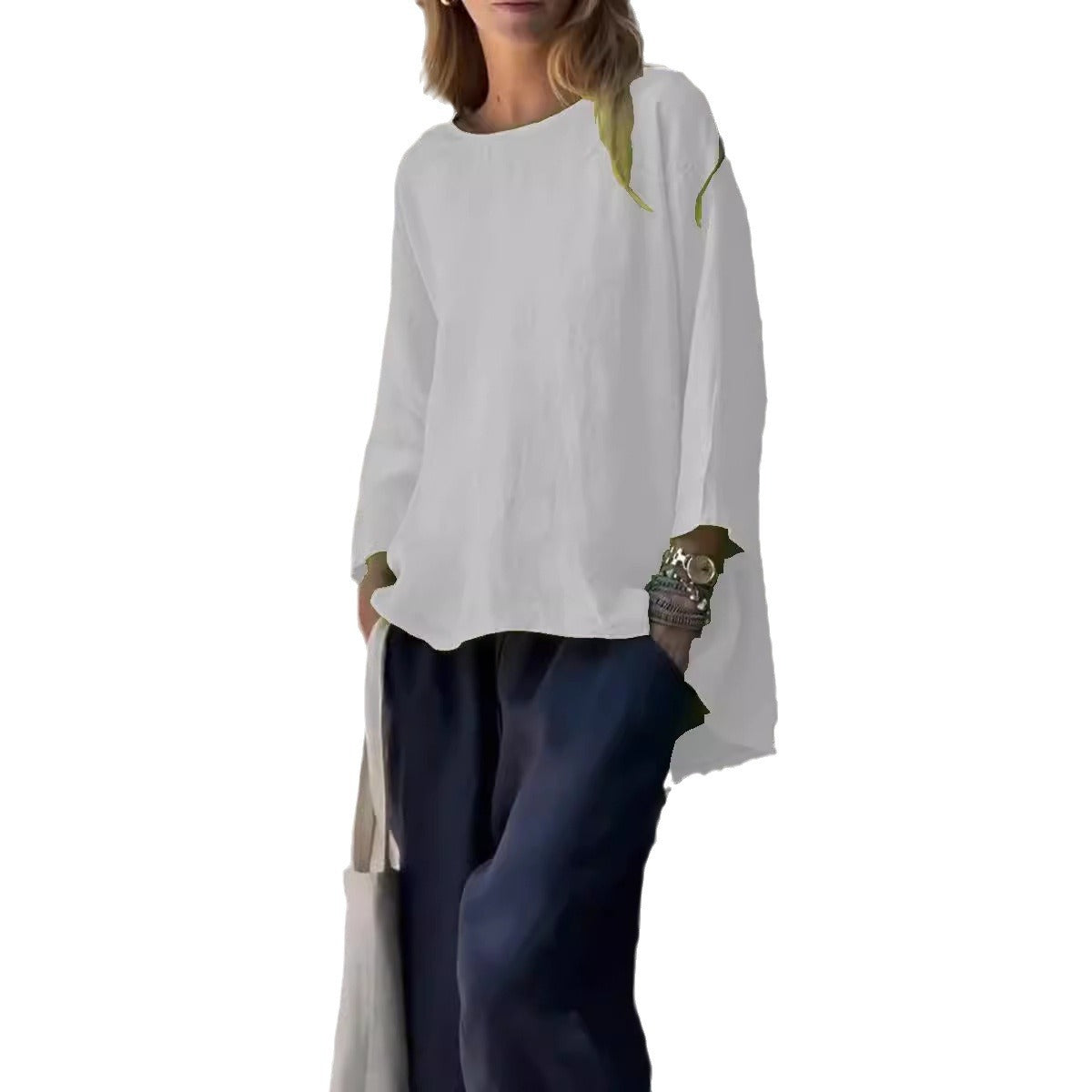 Stylish Nine-Quarter Sleeve Cotton and Linen Loose Shirt Top