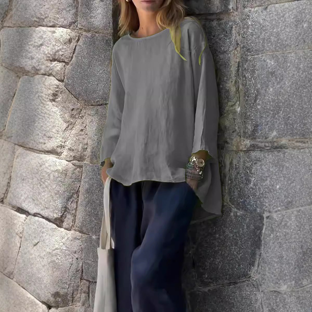 Stylish Nine-Quarter Sleeve Cotton and Linen Loose Shirt Top