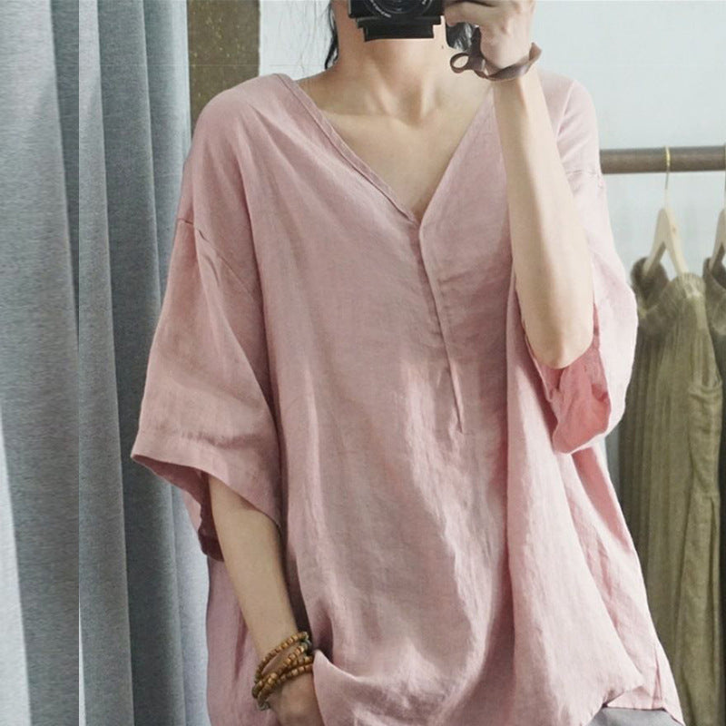 Women's Modern V-Neck Cotton Linen T-Shirt