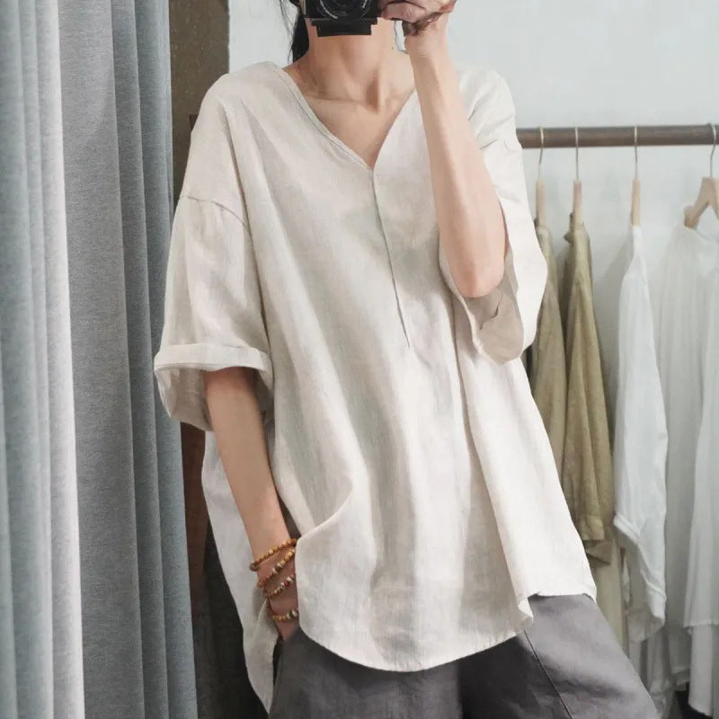 Women's Modern V-Neck Cotton Linen T-Shirt
