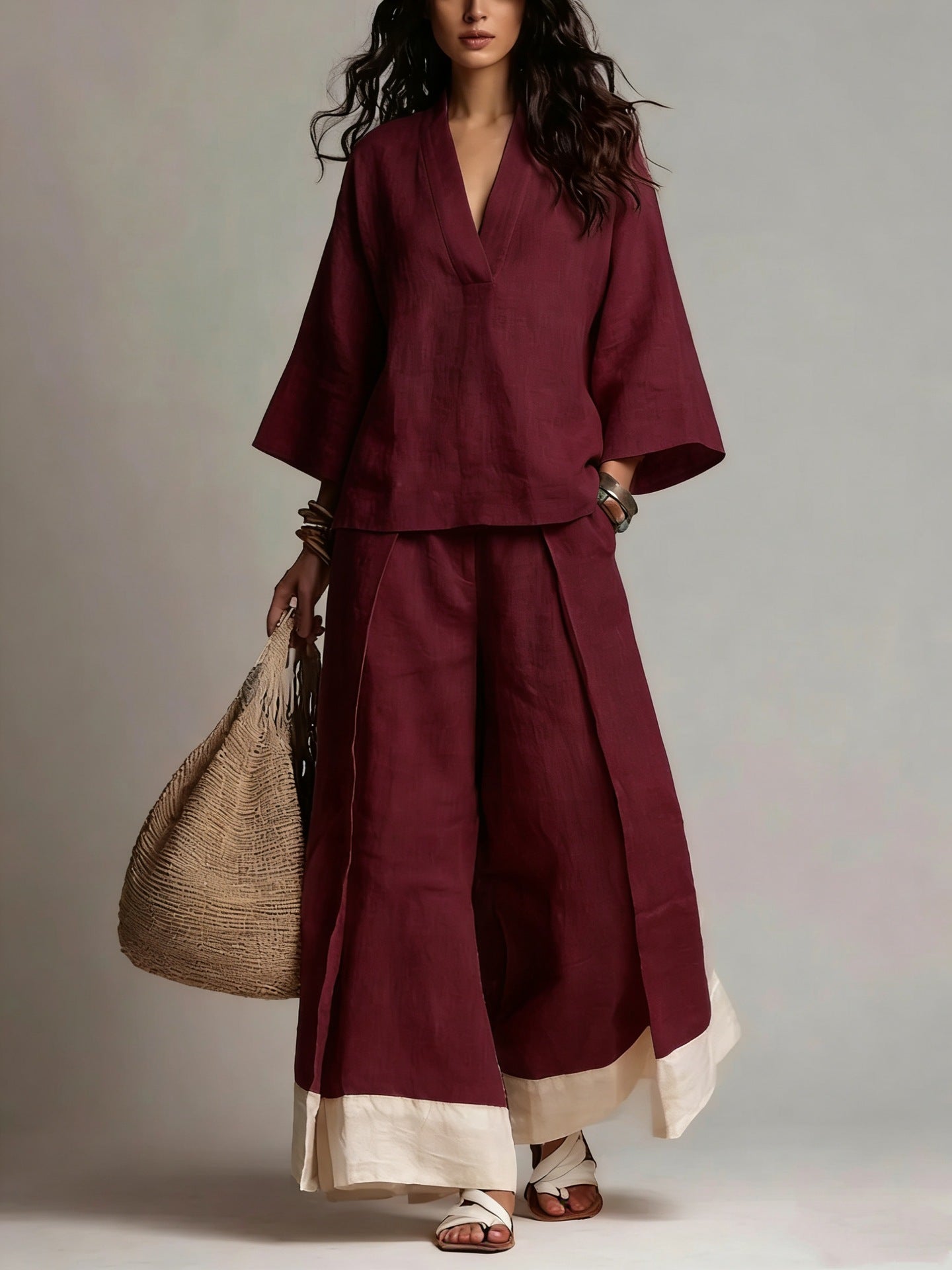 French V-Neck Design Cotton Linen Shirt and Wide-Leg Pants Set
