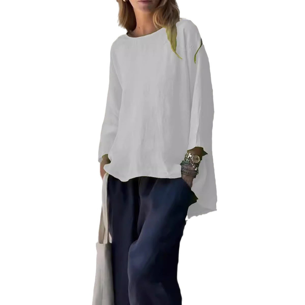 Stylish Nine-Quarter Sleeve Cotton and Linen Loose Shirt Top
