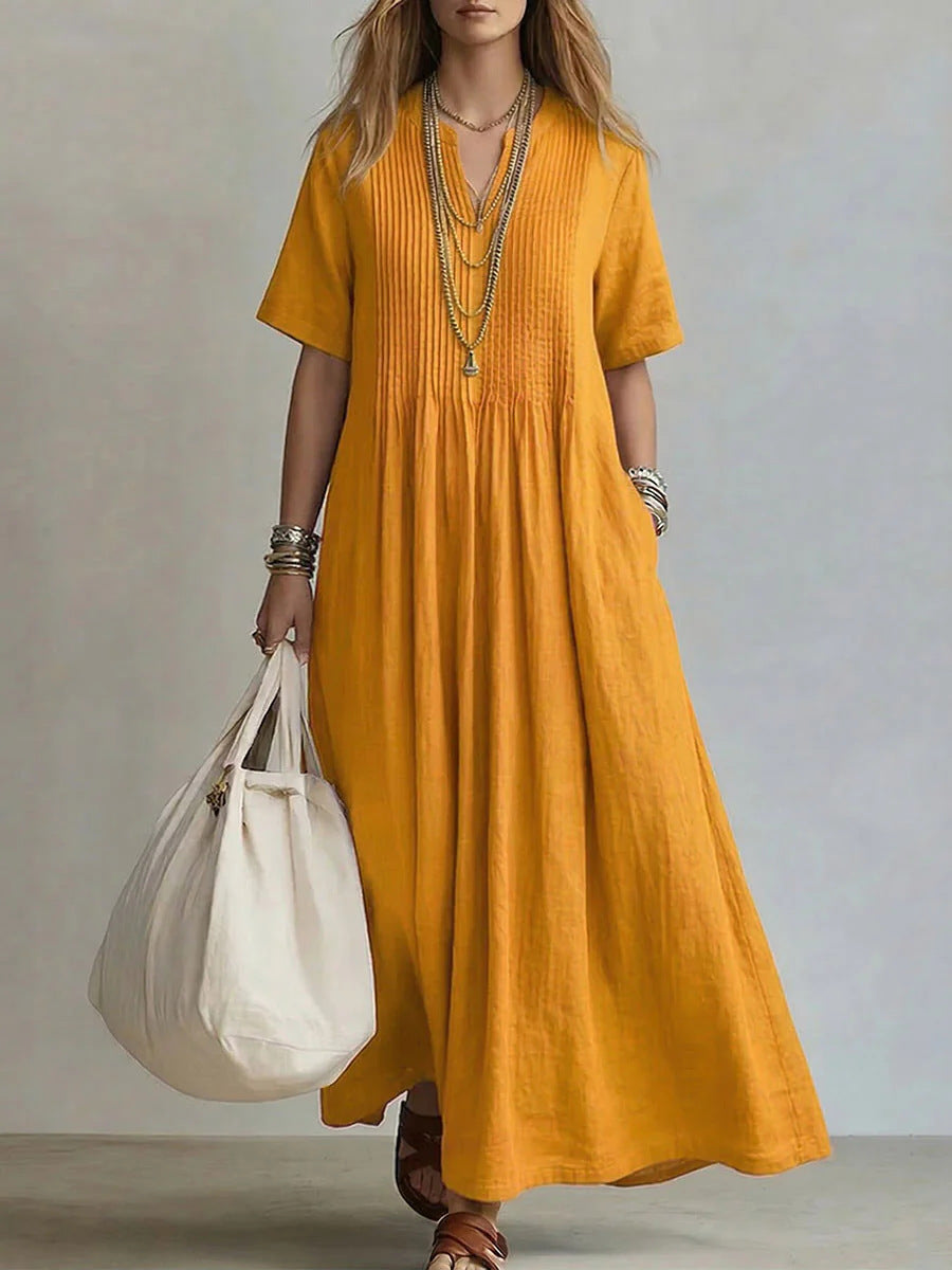 Women's Relaxed V-Neck Cotton Linen Dress