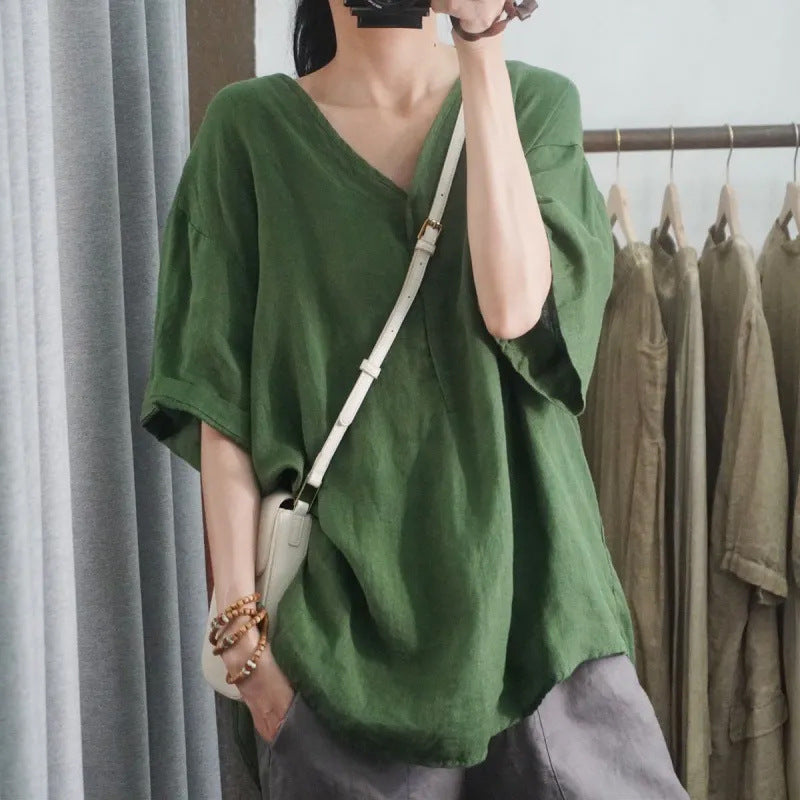 Women's Modern V-Neck Cotton Linen T-Shirt