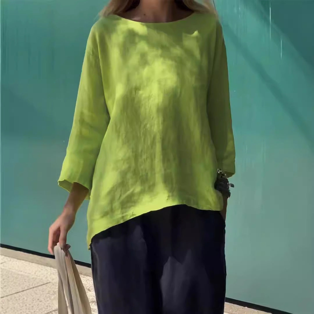 Stylish Nine-Quarter Sleeve Cotton and Linen Loose Shirt Top