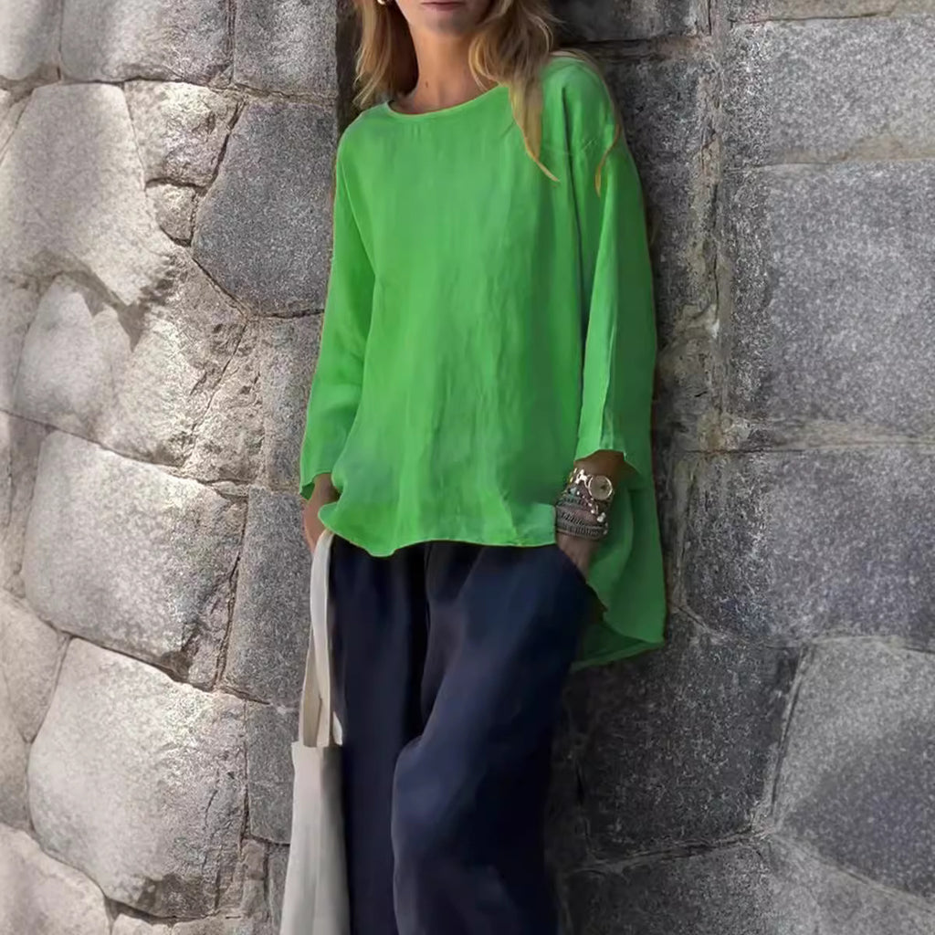 Stylish Nine-Quarter Sleeve Cotton and Linen Loose Shirt Top