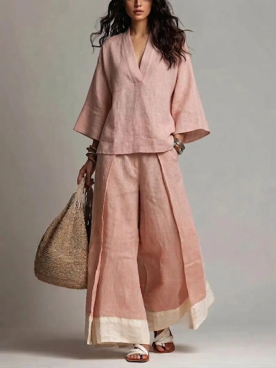 French V-Neck Design Cotton Linen Shirt and Wide-Leg Pants Set