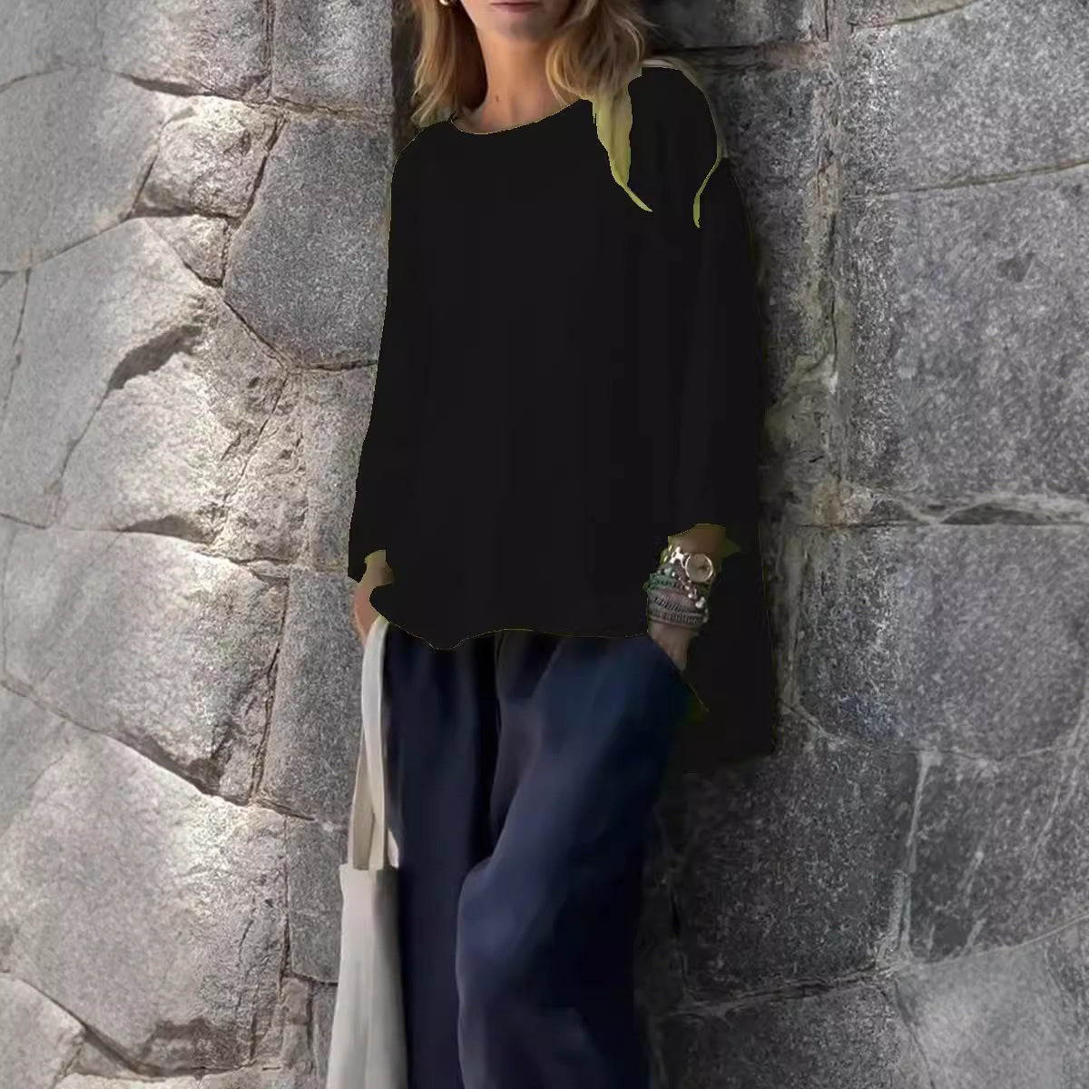 Stylish Nine-Quarter Sleeve Cotton and Linen Loose Shirt Top