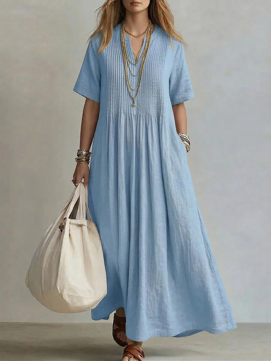 Women's Relaxed V-Neck Cotton Linen Dress