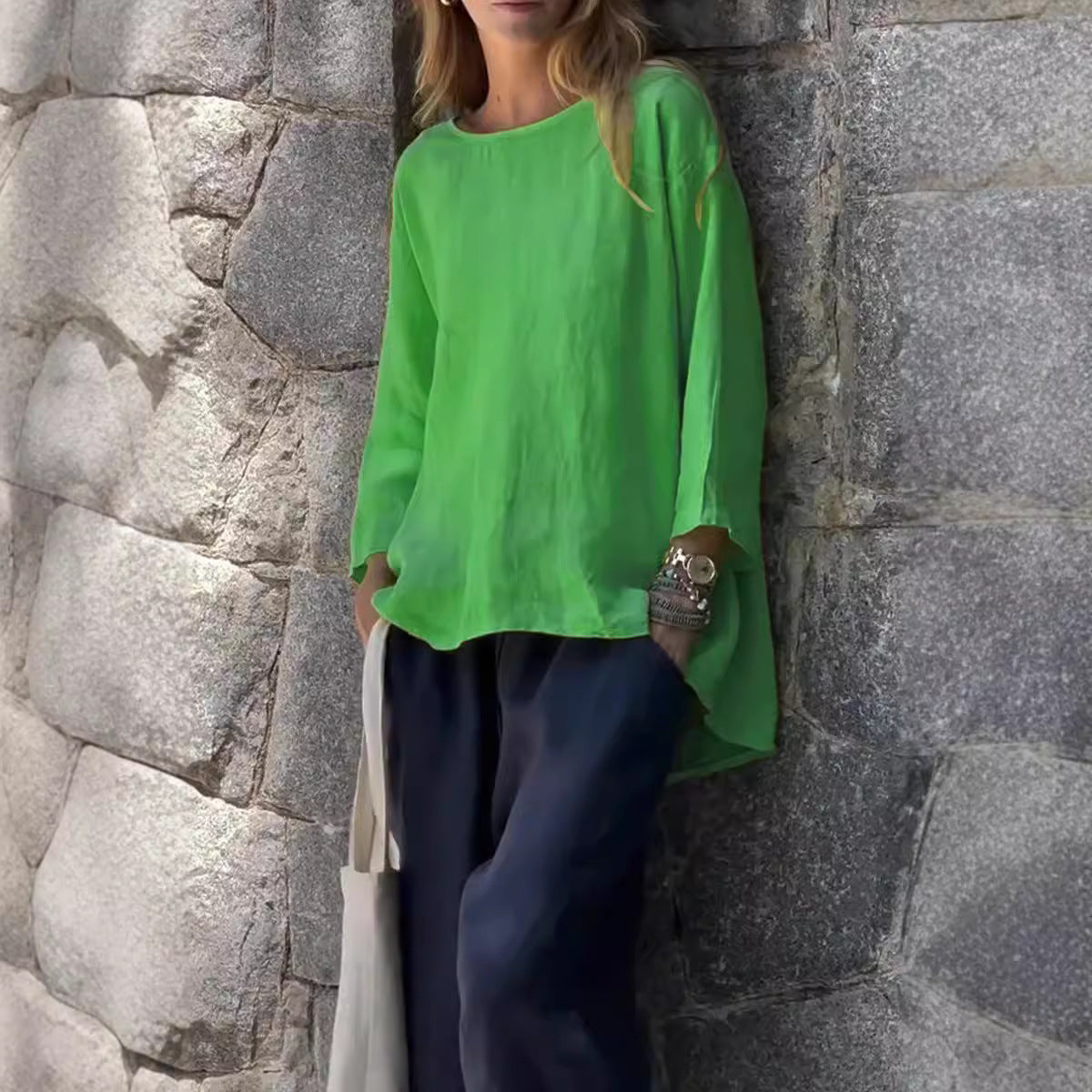 Stylish Nine-Quarter Sleeve Cotton and Linen Loose Shirt Top